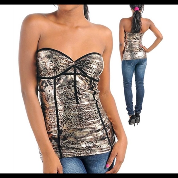 Sexy shiny leopard metallic print strapless tube top new clubbin V2K style top - Picture 4 of 5